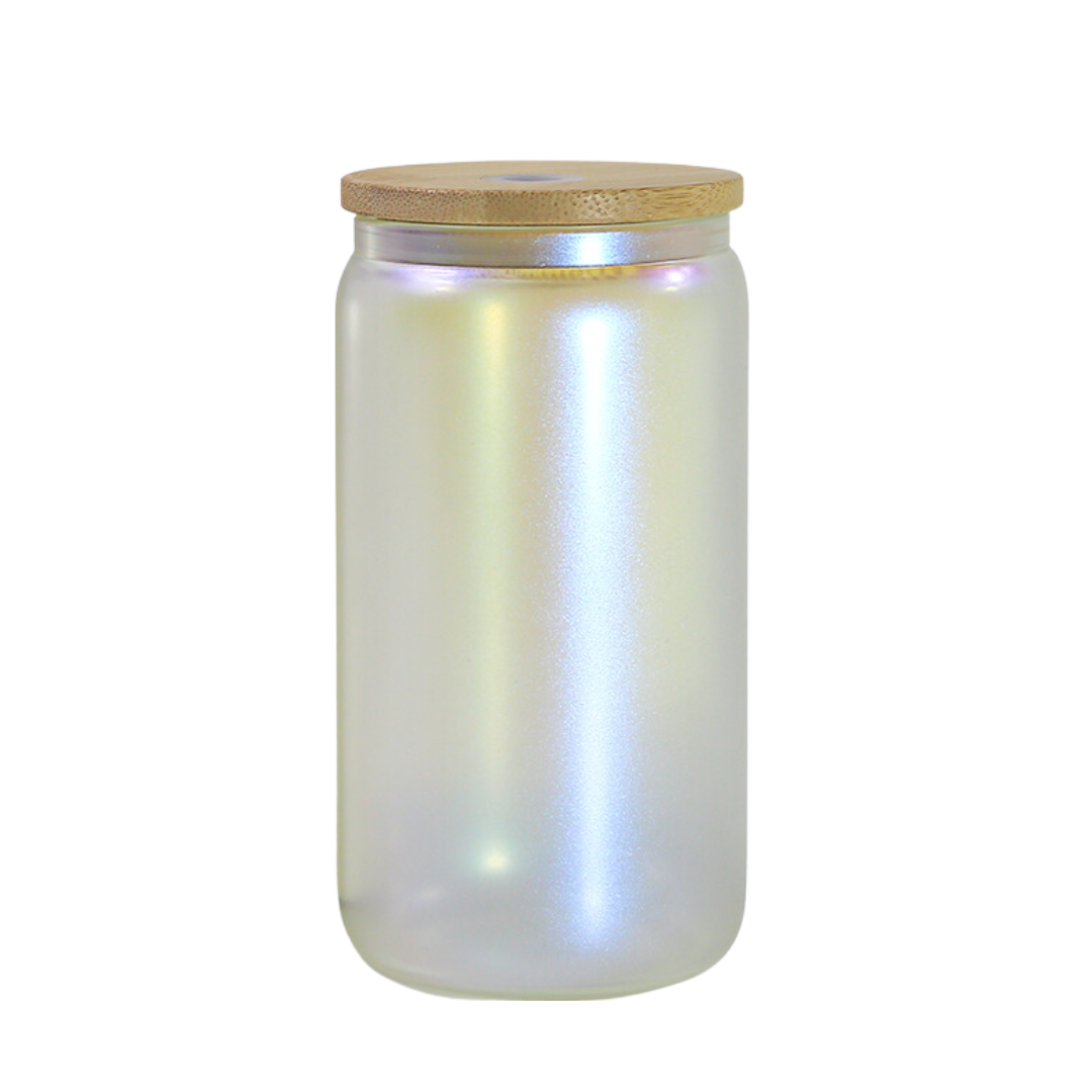 10PCS 16 OZ IRIDESCENT GLASS CAN WITH BAMBOO LID AND STRAW