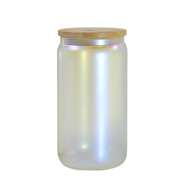 10PCS 16 OZ IRIDESCENT GLASS CAN WITH BAMBOO LID AND STRAW
