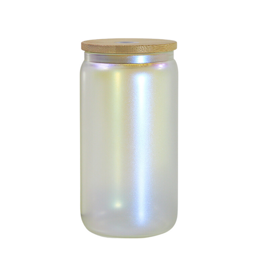 16 OZ IRIDESCENT GLASS CAN WITH BAMBOO LID AND STRAW