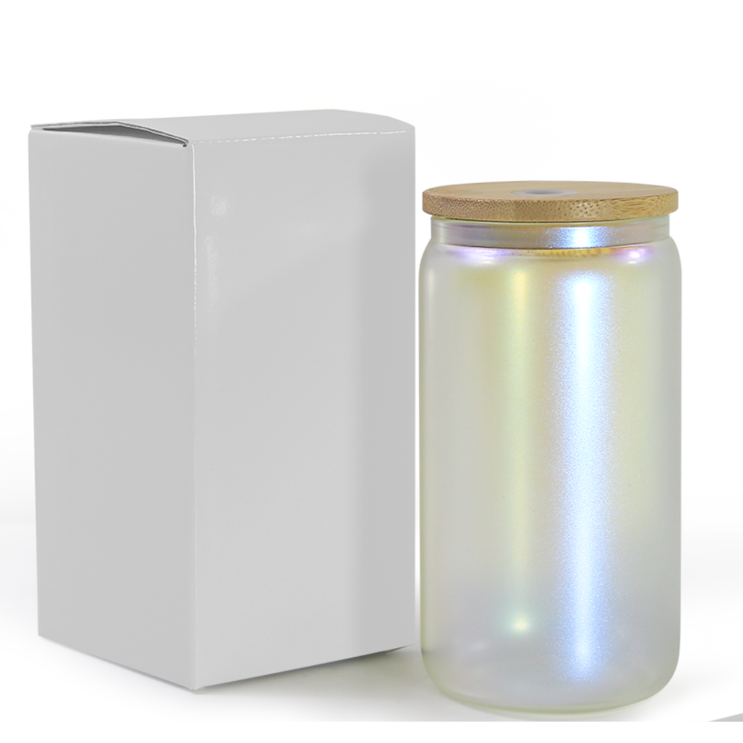 16 OZ IRIDESCENT GLASS CAN WITH BAMBOO LID AND STRAW