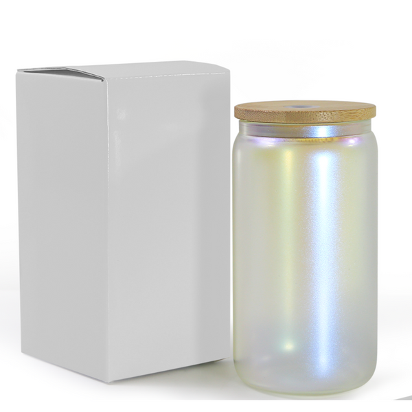 16 OZ IRIDESCENT GLASS CAN WITH BAMBOO LID AND STRAW