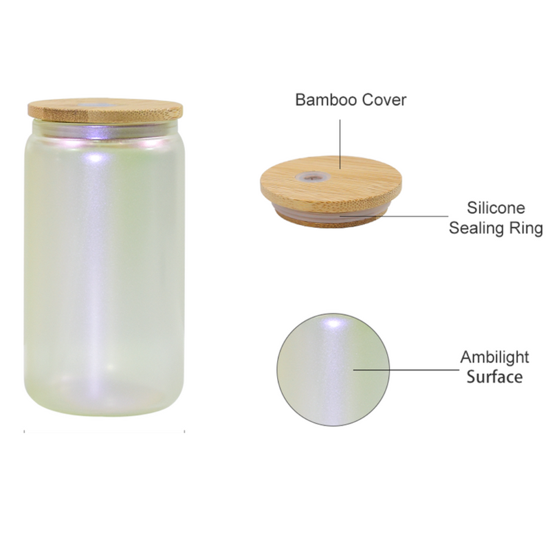 16 OZ IRIDESCENT GLASS CAN WITH BAMBOO LID AND STRAW