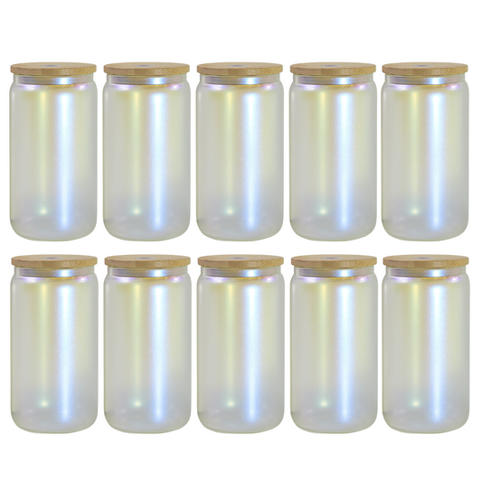 10PCS 16 OZ IRIDESCENT GLASS CAN WITH BAMBOO LID AND STRAW