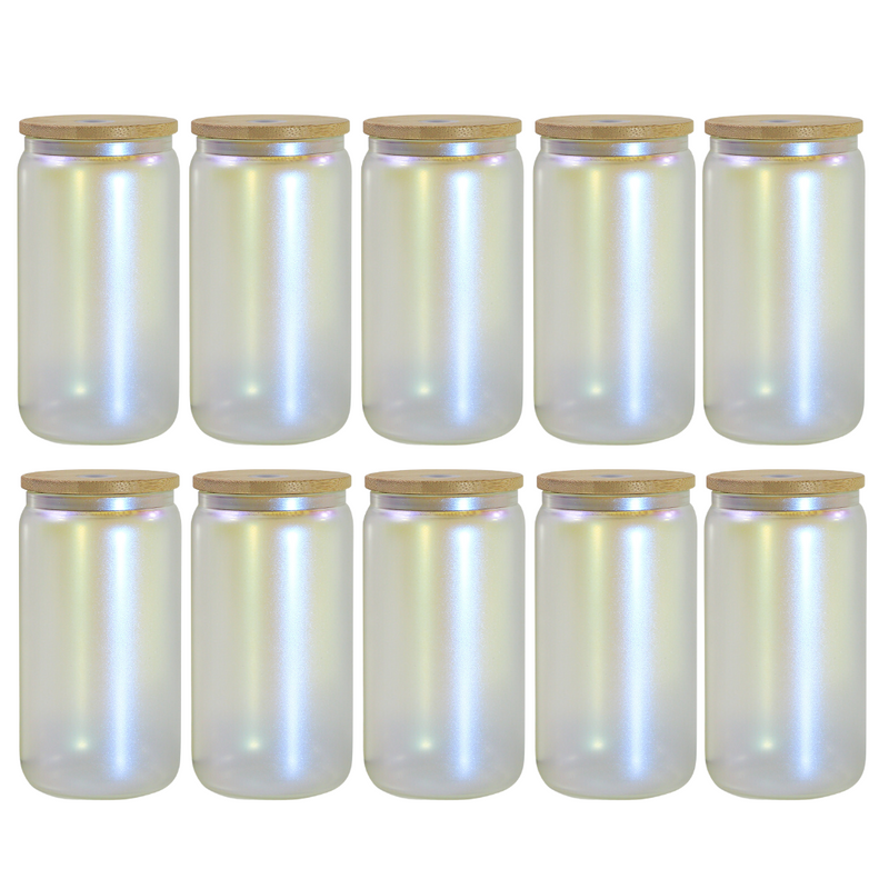 10PCS 16 OZ IRIDESCENT GLASS CAN WITH BAMBOO LID AND STRAW