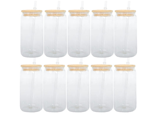 10PCS 16 OZ SUBLIMATION GLASS CAN WITH BAMBOO LID AND STRAW