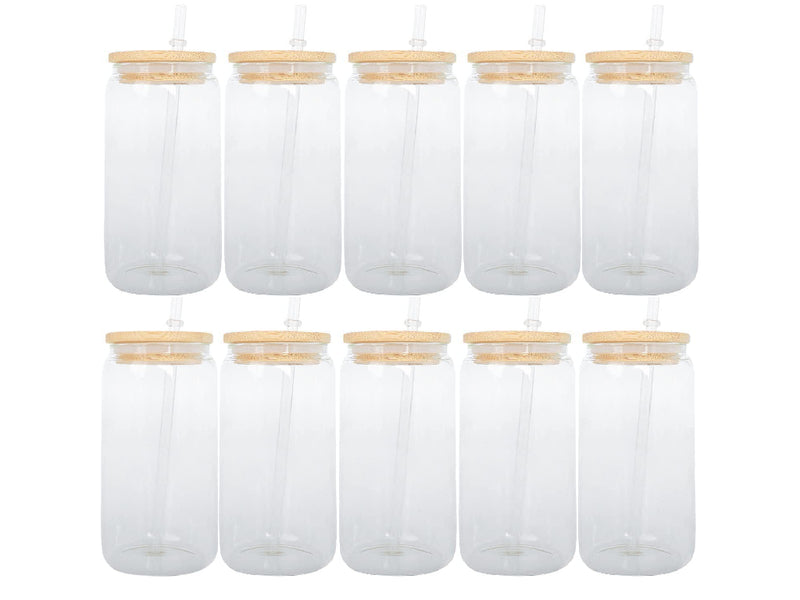 10PCS 16 OZ SUBLIMATION GLASS CAN WITH BAMBOO LID AND STRAW