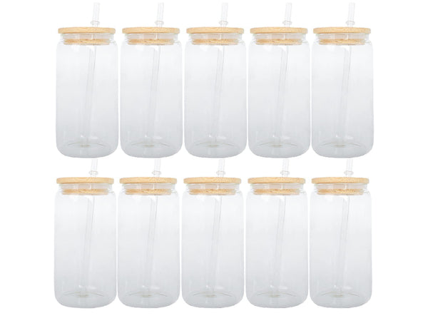 10PCS 12 OZ SUBLIMATION GLASS CAN WITH BAMBOO LID AND STRAW