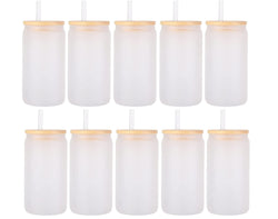 10PCS 16 OZ FROSTED SUBLIMATION GLASS CAN WITH BAMBOO LID AND STRAW