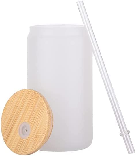 16 OZ FROSTED SUBLIMATION GLASS CAN WITH BAMBOO LID AND STRAW