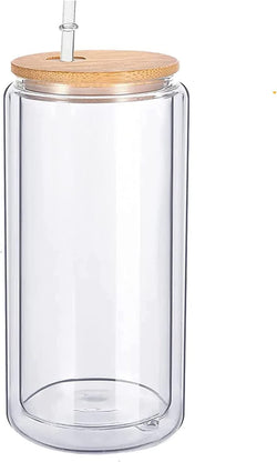 16 OZ DOUBLE WALL SUBLIMATION GLASS CAN WITH BAMBOO LID AND STRAW