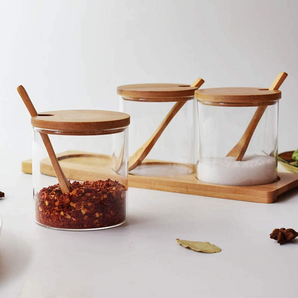 BAMBOO / GLASS SPICE JAR BENCHTOP SERVING SET