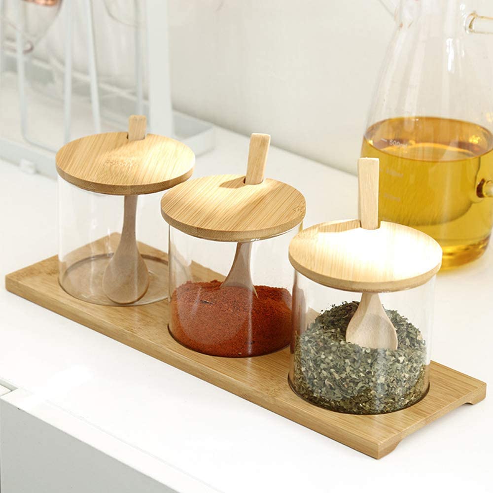 BAMBOO / GLASS SPICE JAR BENCHTOP SERVING SET