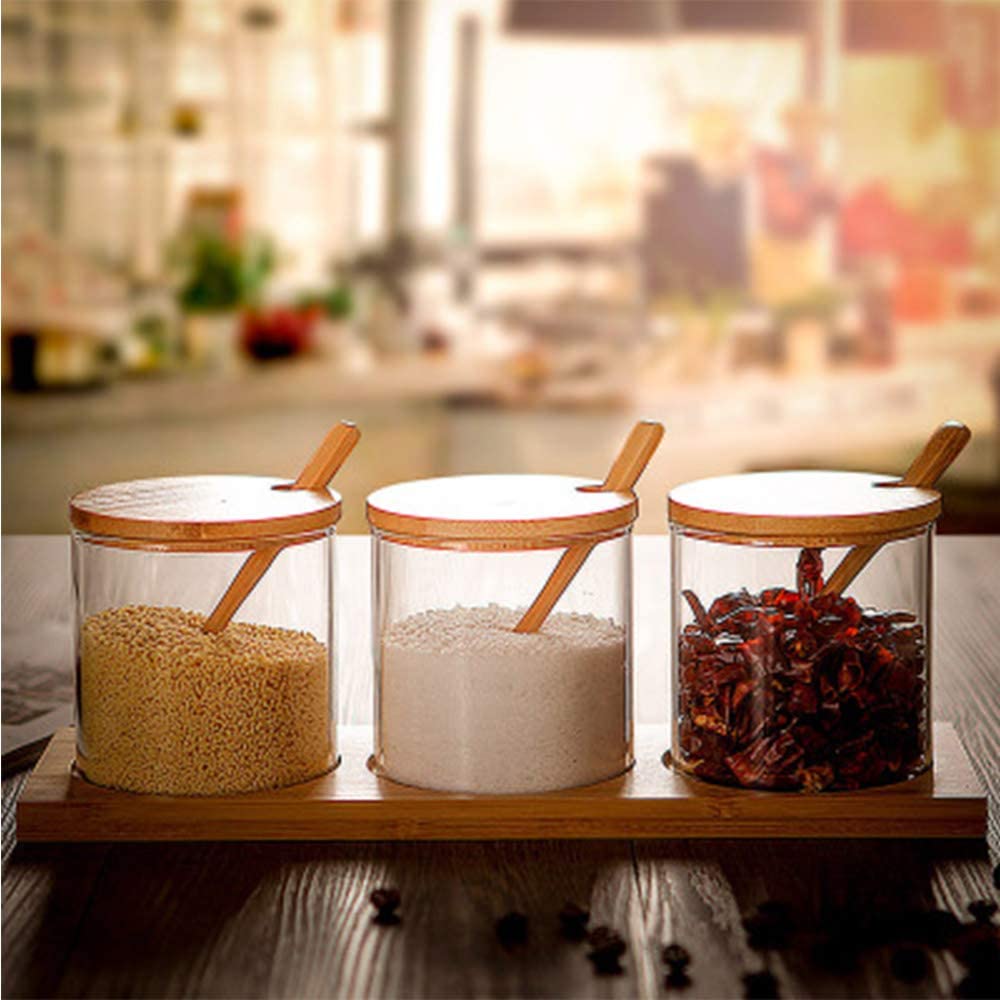 BAMBOO / GLASS SPICE JAR BENCHTOP SERVING SET