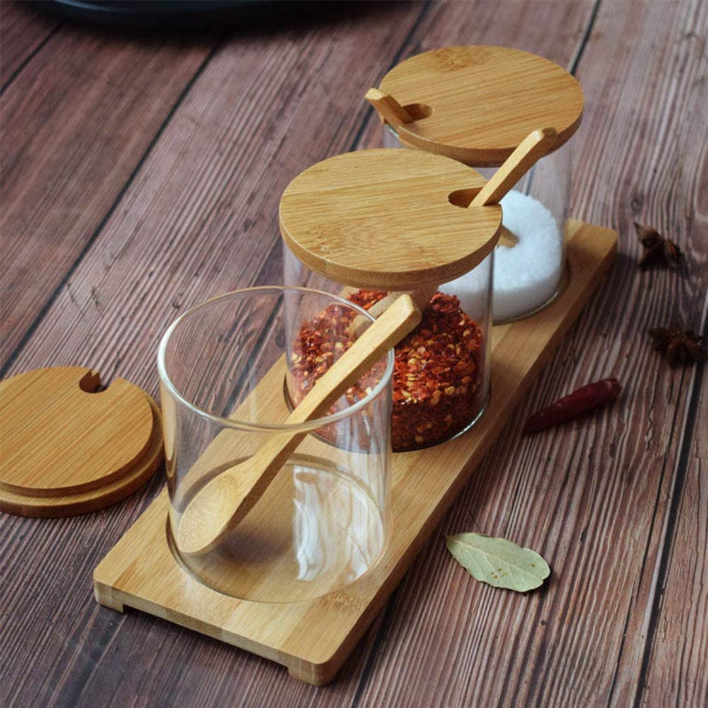 BAMBOO / GLASS SPICE JAR BENCHTOP SERVING SET