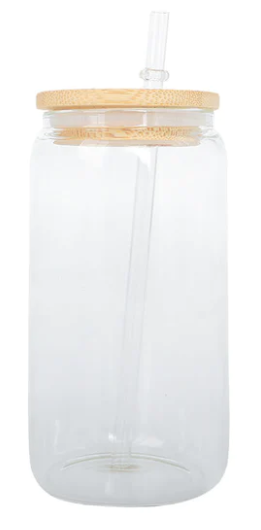 16 OZ CLEAR SUBLIMATION GLASS CAN WITH BAMBOO LID AND STRAW